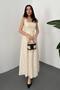 Women's Ecru Embroidered Square Collar Thick Strap Lined Waist-Fitting Maxi Dress - 2