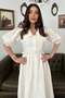 Women's Ecru Maxi Dress with Lace Detail, Balloon Sleeves, Belted Baby Collar - 3
