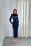 Women's Navy Blue Dress Velvet Stone Tassel Detailed High Neck Long Sleeve Midi Bodycon - 2