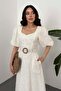 Women's Ecru Midi Brode Dress with Square Collar, Chest Cups, Balloon Sleeves, Belted and Lined - 3