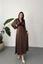 Women's Brown Polka Dot Lace Detailed V-Neck Long Sleeve Satin Maxi Dress - 2