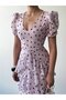 Women's Pink Polka Dot Chiffon Midi Dress V-Neck Balloon Sleeves with Folded Flounces - 3
