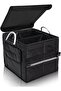 Small, black, portable multi-functional trunk organizer with lid, featuring a double-compartment design.