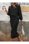 Women's Long Sleeve Round Neck Fleece-Lined Ribbed Knit Blouse and Skirt Two-Piece Set