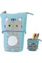 Retractable pencil case, upright pen holder, canvas + PU stationery organizer/makeup bag, with zipper (blue).