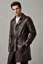 Brown Alen Buttoned Lined Slit Genuine Leather Coat