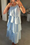 Embroidered Collar, Lined, Layered Dress - Blue - 3