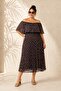 Women's Brown Plus Size Polka Dot Pattern Off Shoulder Bottom Pleated Waist Elastic Lined Woven Chiffon Long Dress