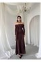 Women's Coffee Color Long Boat Neck Draped Dress with Tie Detail and Long Sleeves - 8