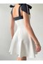 Women's White Mini Dress Square Neckline Shoulder Bow Detail Flared Poplin Evening Dress - 5