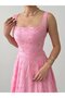 Women's Pink Mini Dress Square Neck Floral Embroidery Straps Flared Cut - 4