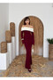 Women's Burgundy Long Dress Off Shoulder Contrast Collar Long Sleeve Fish Cut - 3