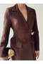 Women's Coffee Color Double Breasted Jacket Dress Lace-Up Waist Gathered Long Sleeve Mini - 7