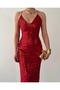 Women's Red Midi Dress with Straps, V-Neck, Sequins and Open Back - 7