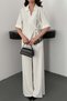 Women's White Top and Bottom Set with Striped Lace Detail, Double-Breasted Tie-Up Wide-Leg Blouse and Trousers Set - 4