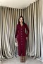 Women's Navy Blue - Dark Blue Shirt Collar Jacquard Interlock Long Sleeve Buttoned Maxi Length Dress - 2