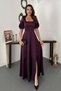 Women's Plum Satin Square Neck Balloon Sleeve Waist Detailed Slit Maxi Dress