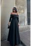 Women's Black - Black Boat Neck Floral Appliqué Detailed Waist Fitted 3/4 Sleeve Maxi Dress