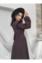 Women's Coffee Color Midi Dress Balloon Sleeve Shoulder Flounce Button Detail Poplin A-Line - 5
