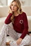 Burgundy Patterned Embroidered Buttoned Cotton Lycra Knitted Pajama Set26240351