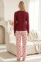 Burgundy Patterned Cotton Lycra Crew Neck Knitted Pajama Set26240288 - 3