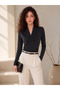 Women's Black Double-Breasted Collar Shoulder Pleated Padded Drawstring Detailed Sandy Fabric Blouse - 5