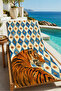 Maximalist Tiger Blue Gold Diamond Geometric Pattern 70X150 Beach Towel - Cotton Bath Towel