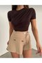 Women's Crew Neck and Waist Gathered Sandy Fabric Short Sleeve Blouse - 3