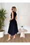 Women's Navy Blue Sleeveless Denim Midi Dress Shirt Collar Belted Buttoned A-Line - 4