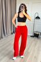 Women's Red Linen Lace-Up Elastic Waist Wide Leg Long Trousers with Side Pockets
