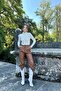 Women's Ecru High-Neck Knitted Patterned Ruffle Cuff Long Sleeve Knitwear Sweater - 3