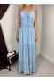 Women's Blue Maxi Dress with Square Collar, Gipeli Straps, Ruffles and Layered Skirt - 4