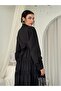 Women's Black Midi Dress with Stand Collar, Ruffle Detail, Belted, Buttoned, Lace Trim - 6