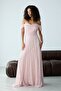 Powder Strapless Boat Neck Long Flared Lace Evening Dress - 3