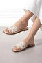 Trama Beige Tulle Embroidered Bead Embellished Women's Slippers - 3