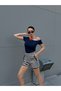 Boat Neck One Shoulder Open Cotton Fabric Short Sleeve Blouse Navy Blue - 5