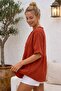 Brick Red V-Neck Short Sleeve Buttoned Collar and Cuff Ruffles Casual Muslin Oversize Woven Blouse 77 70 - 3