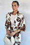 Brown Women's Patterned Kimono Pants Double Set - 2