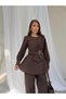 Women's Gold Buckle Bow Detailed Peplum Blouse and Wide-Leg Pants Set 3152 - Brown