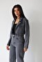Women's Dark Gray Stone Jacket Crop Cut Jacket Collar Long Sleeve Woven - 5