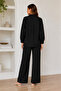 Women's Black Suit Shirt with Elastic Waist and Wide Leg Pants Two-Piece Set - 3