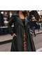 Women's Black Jacket with Collar and Belt, Double Pockets, Faux Leather Trench Coat - 5