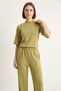 Women's Ribbed Half Sleeve T-Shirt with Elastic Collar and Wide Leg Pants in Pistachio Green Set - 5
