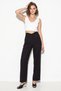 Women's Button Detailed High Waist Straight Leg Fabric Black Trousers - 5