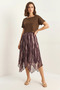 Women's Crop T-Shirt Detailed Lined Strap Chiffon Midi Brown Dress - 5