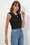 Women's V-Neck Ruffled Black Blouse - 4