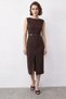 Women's Boat Neck Belted Front Slit Detailed Midi Pencil Bitter Brown Dress - 3
