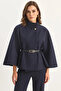 Women's Gold Button Detailed Belted Poncho Navy Blue