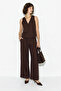 Women's V-Neck Buttoned Vest Wide Leg Bitter Coffee Suit