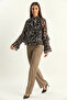Women's Tie-Neck Patterned Chiffon Flounce Sleeve Black Blouse - 6